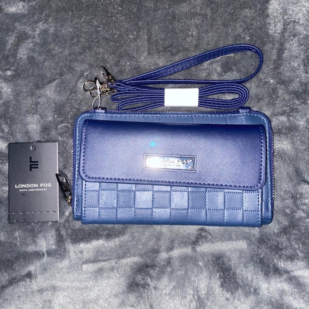 NWT- London Fog Navy Checkered Wallet with Strap